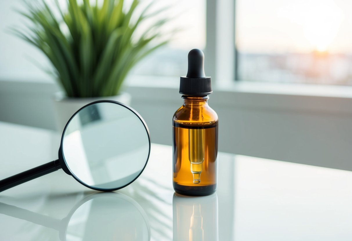 A bottle of serum next to a magnifying glass on a clean, white surface