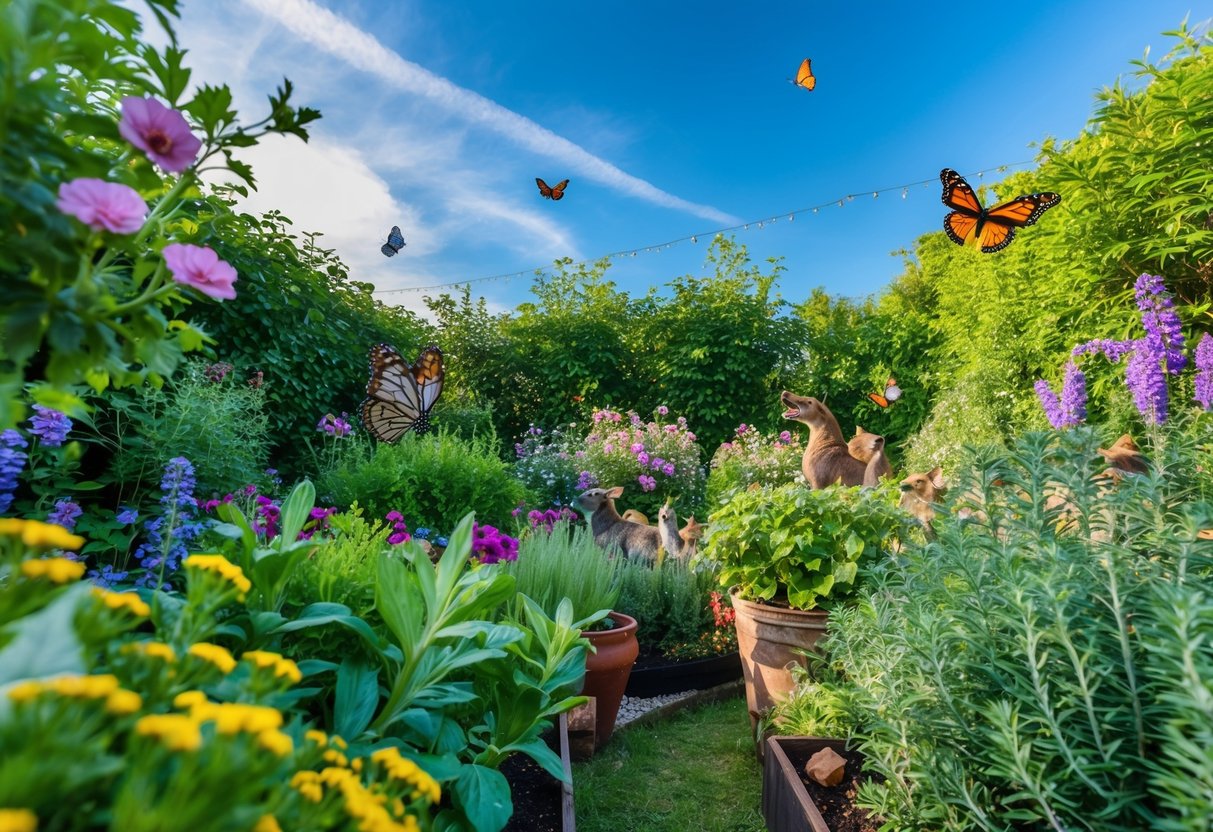 A lush garden with blooming flowers and fresh herbs, surrounded by animals and butterflies, with a clear blue sky overhead