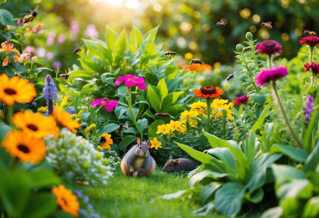 A lush garden with vibrant flowers and plants, surrounded by animals and insects living harmoniously