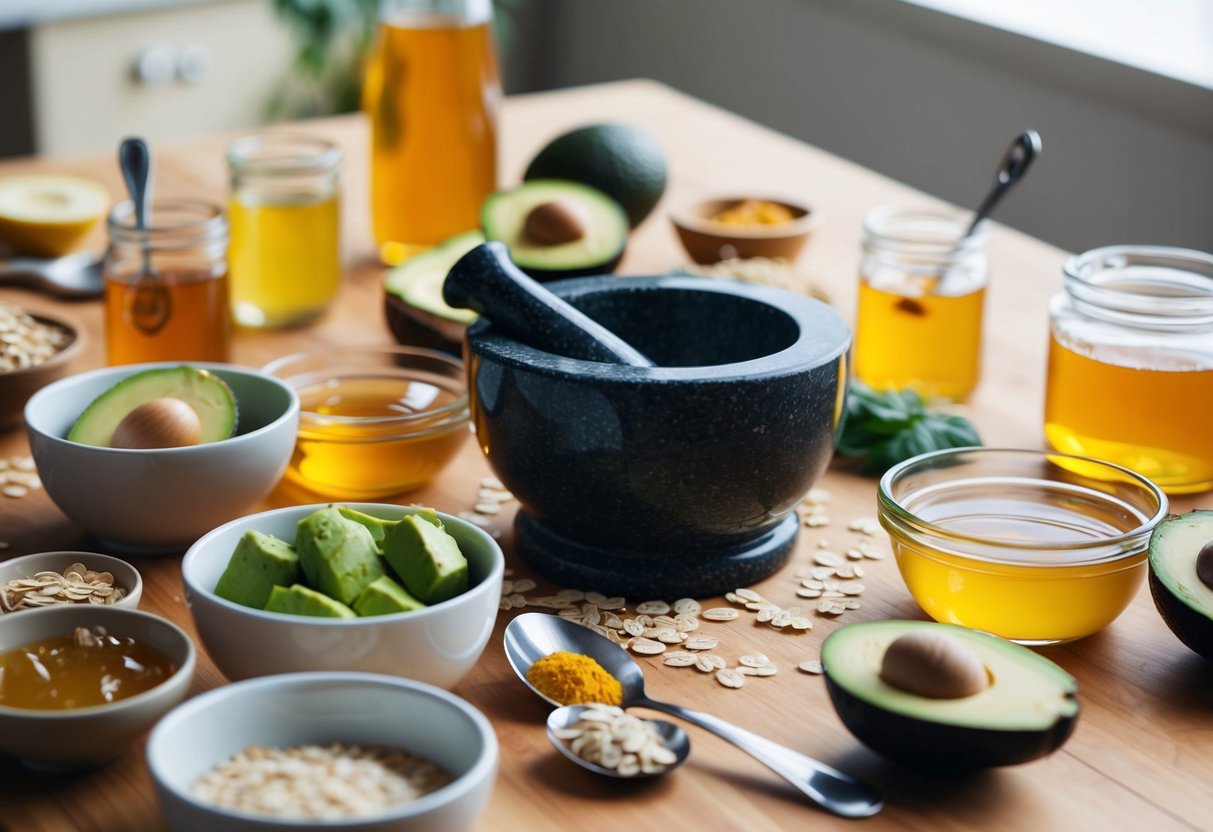 A table filled with natural ingredients like honey, avocado, and oatmeal. Bowls, spoons, and jars are scattered around with a mortar and pestle in the center