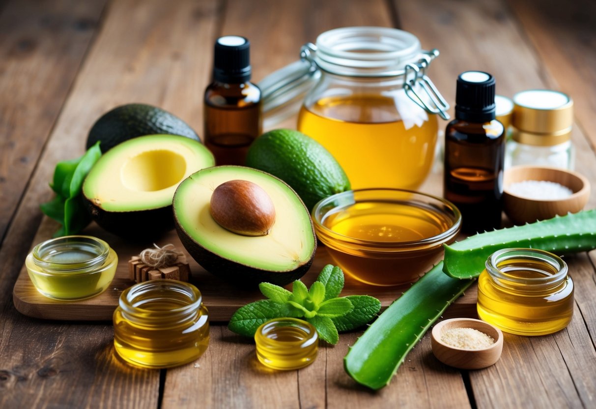 A variety of natural ingredients like avocados, honey, and aloe vera are arranged on a wooden table, surrounded by jars and bottles of essential oils and other skincare products