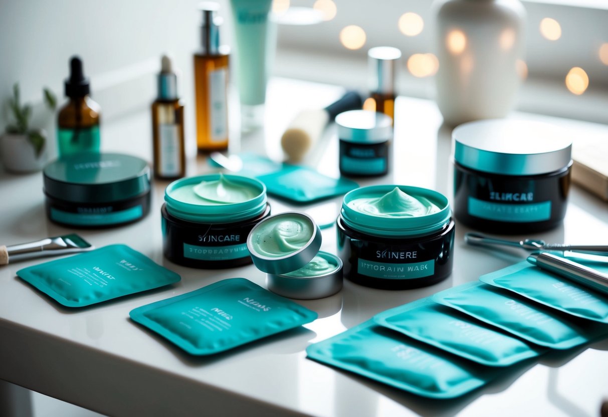 A variety of hydrating face masks arranged on a clean, organized surface, surrounded by skincare tools and products