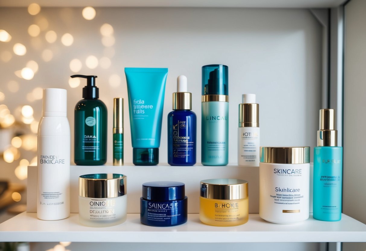 A display of top skincare brands arranged on a clean, modern shelf with soft, natural lighting