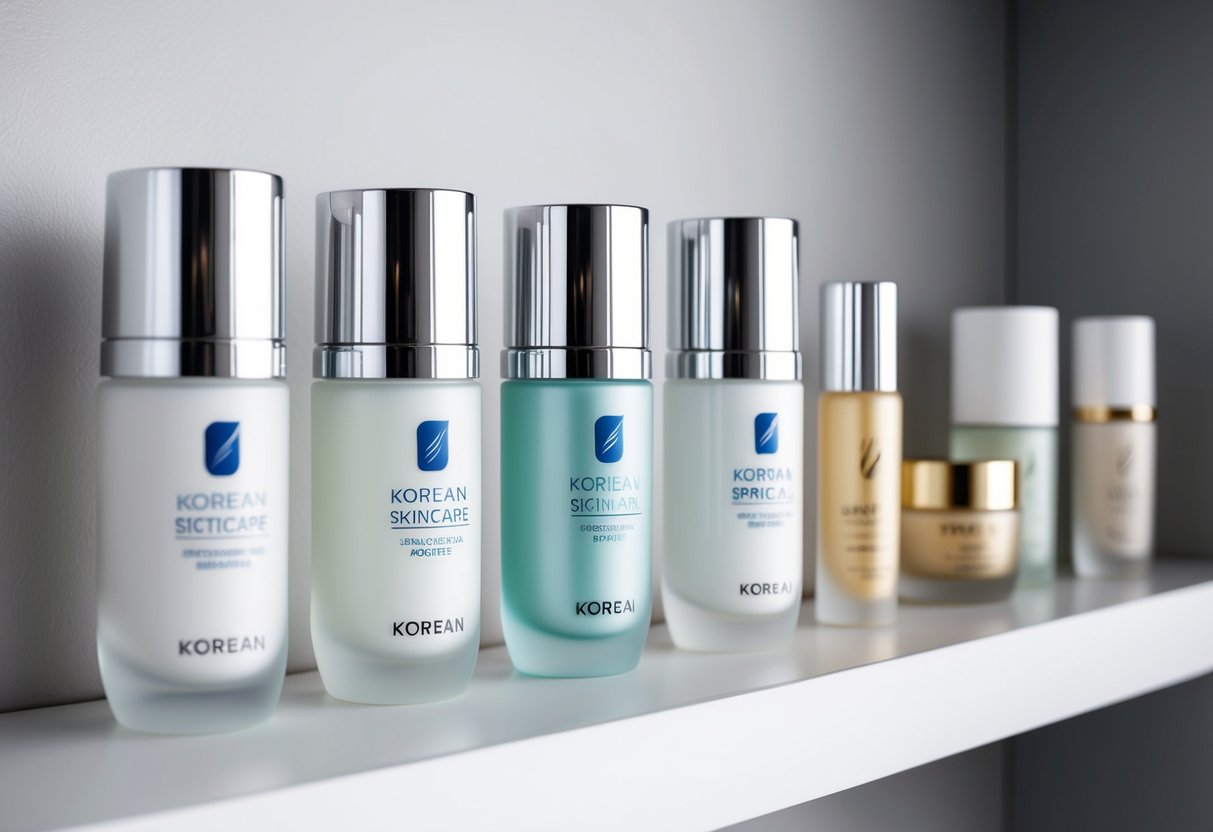 A lineup of sleek, modern skincare products from top Korean brands displayed on a clean, minimalist shelf