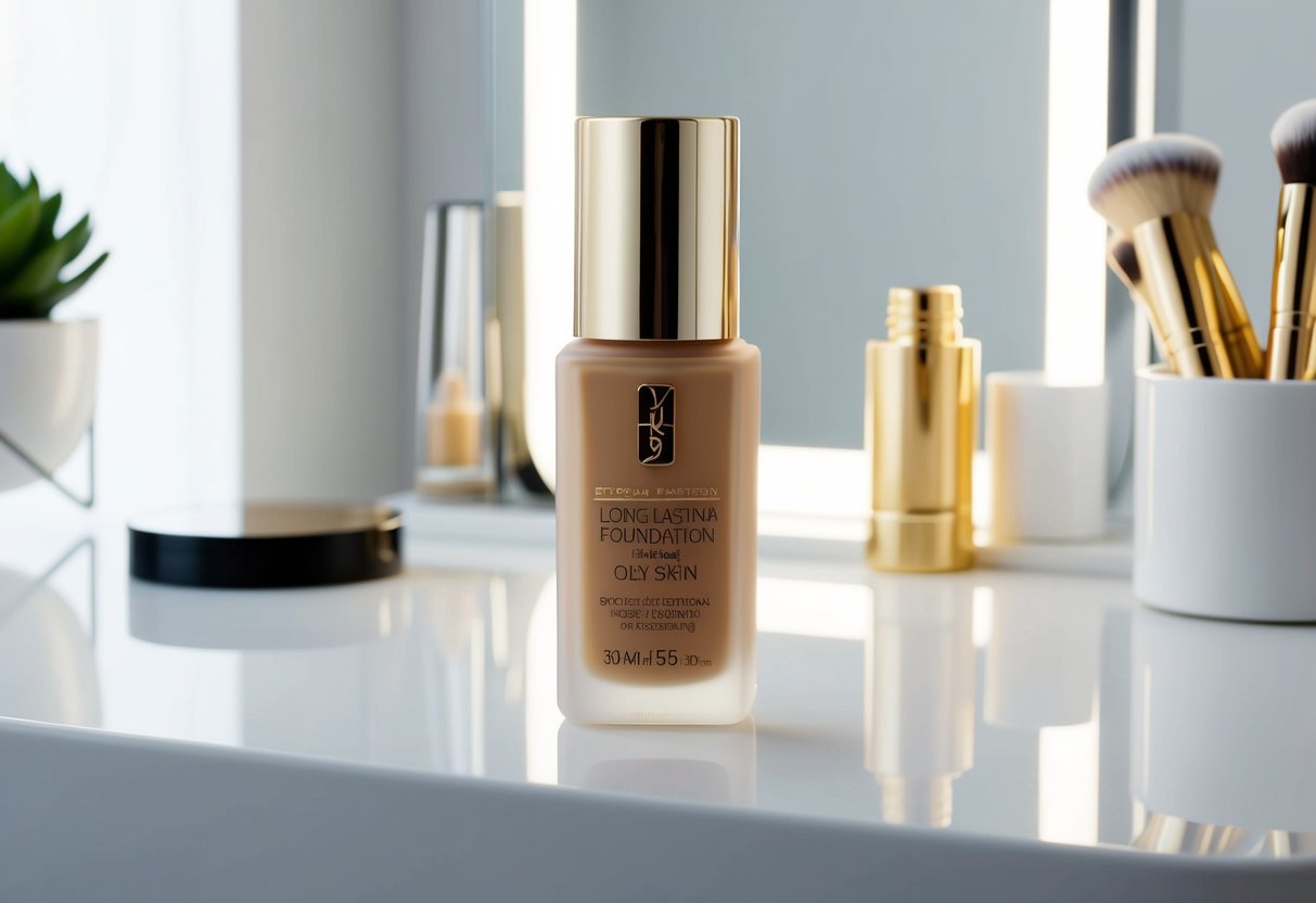 A bottle of long-lasting foundation for oily skin sits on a clean, minimalist vanity with a soft matte finish and a sleek, modern design