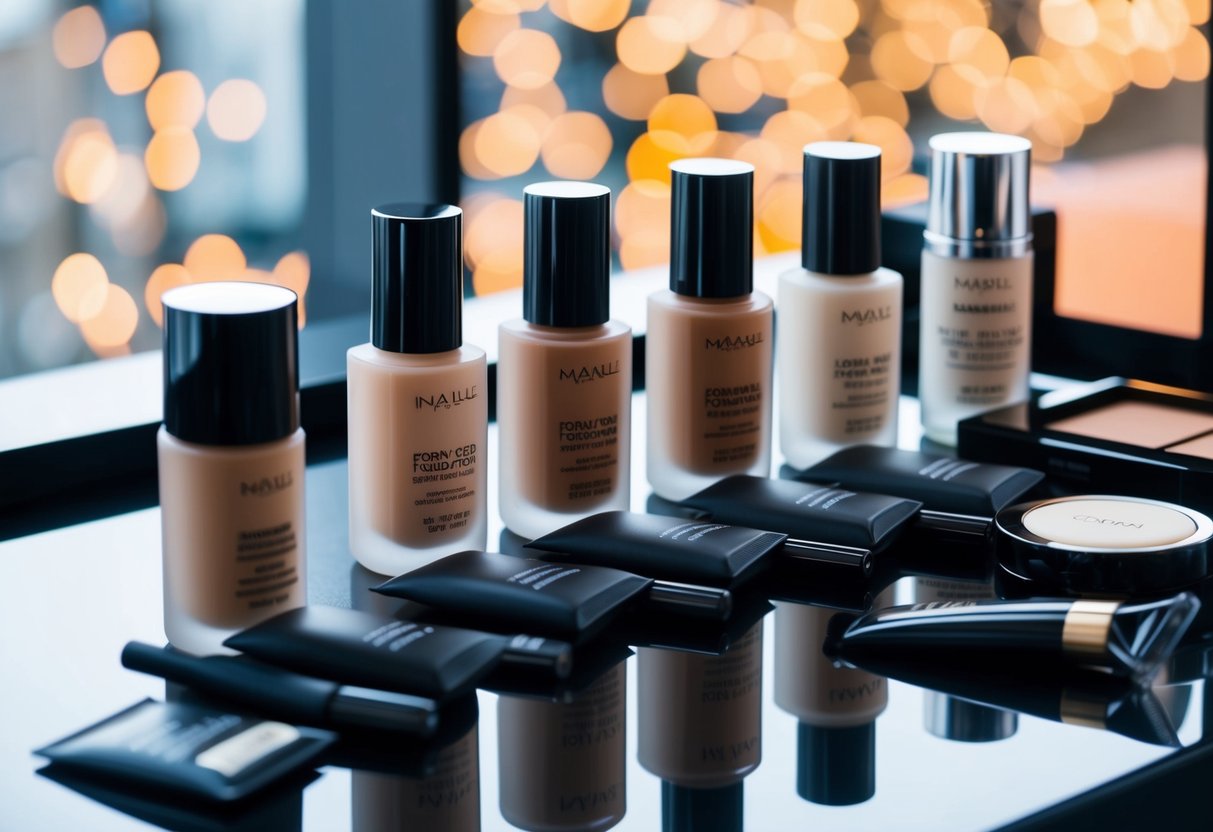 A sleek, modern makeup table with various bottles and tubes of long-lasting foundation for oily skin, arranged neatly in a row