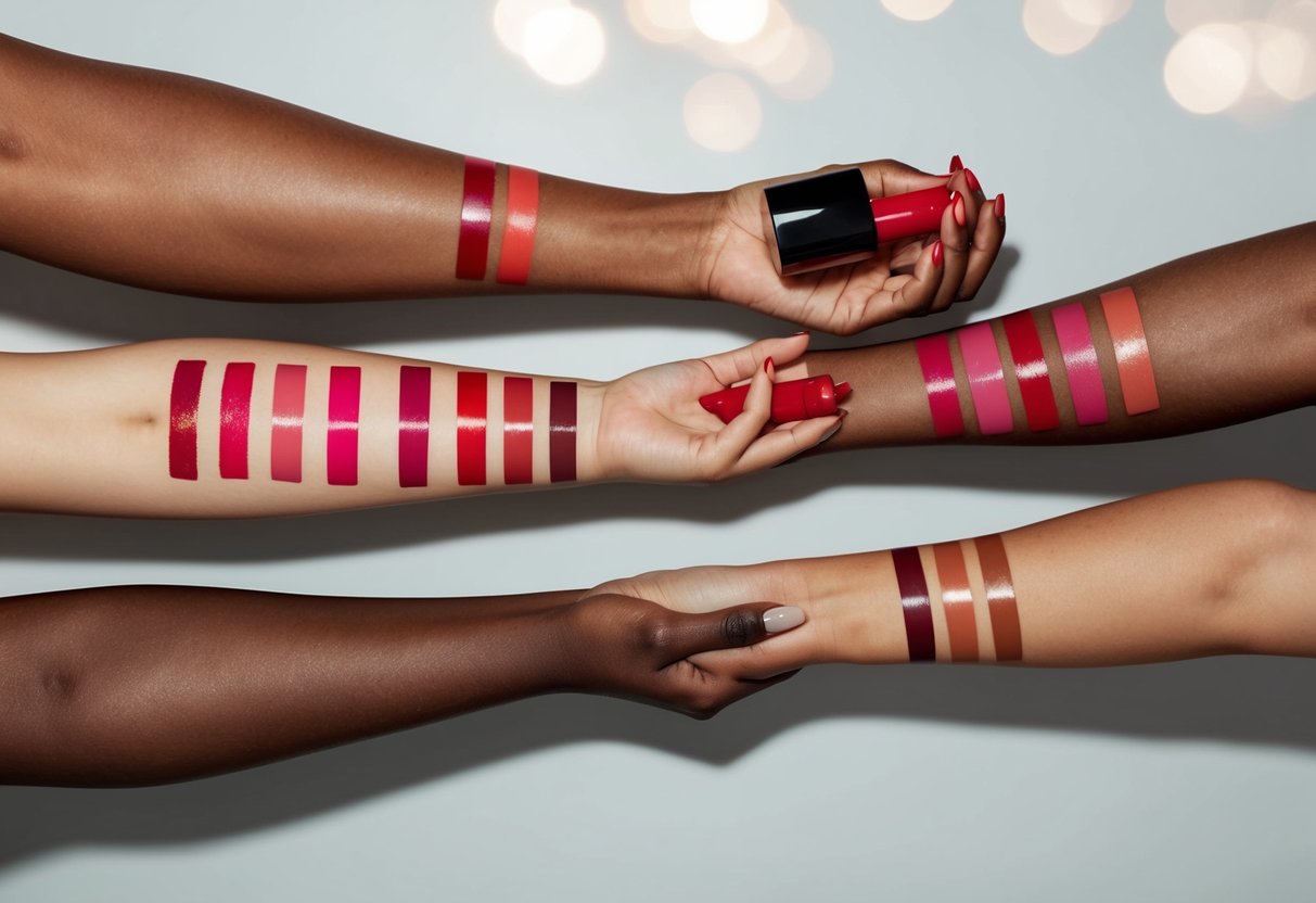 A diverse array of skin tones with corresponding red lipstick swatches displayed on a clean, minimalist background