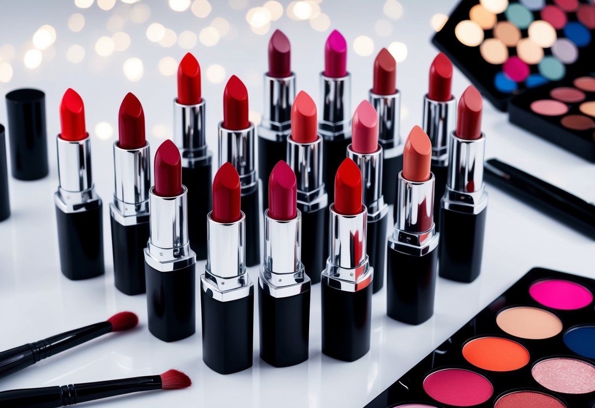 A collection of red lipsticks arranged by skin tone, with a palette of complementary colors and application tools nearby