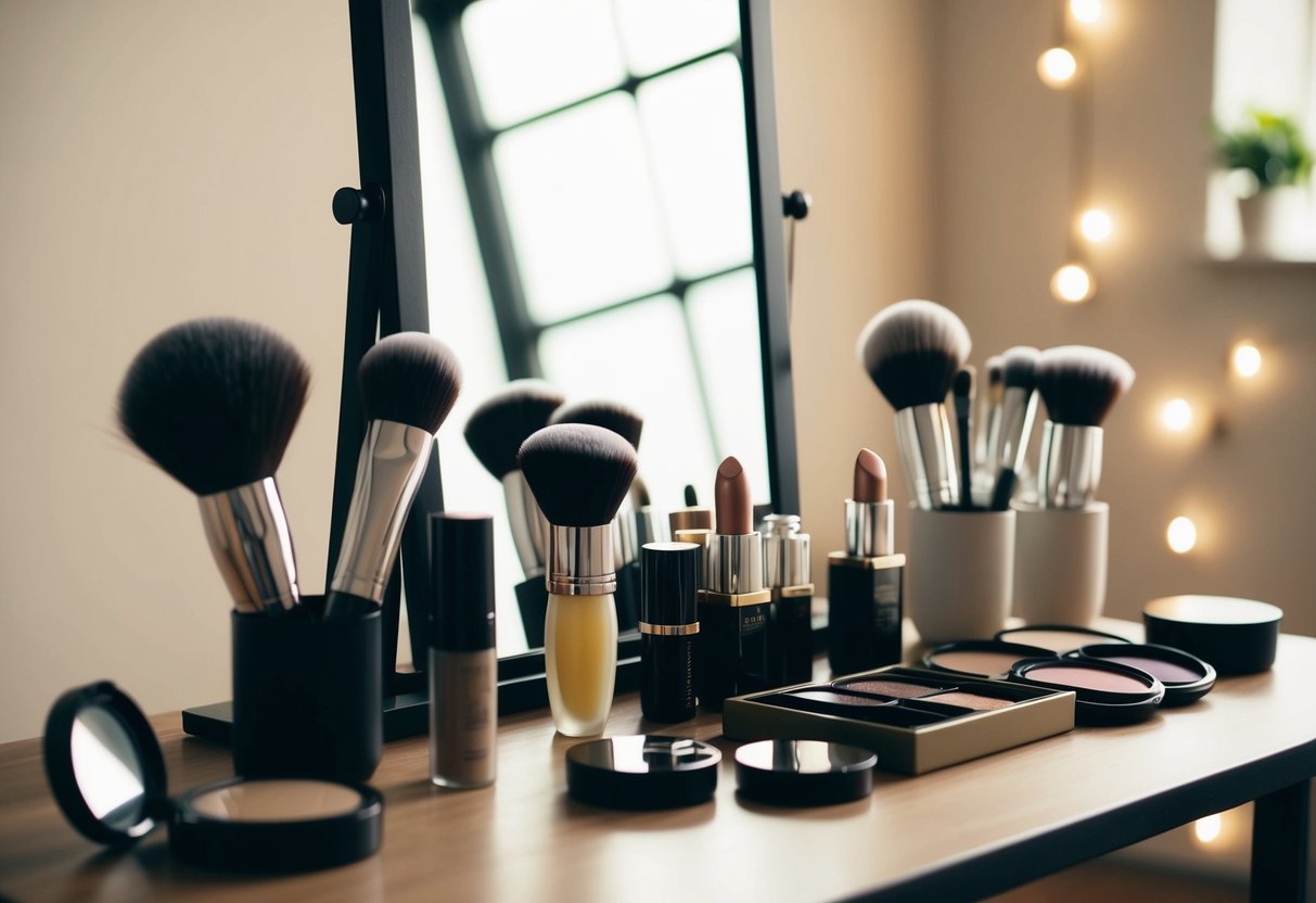 A table with makeup products arranged neatly, a mirror, and a soft, natural light illuminating the scene