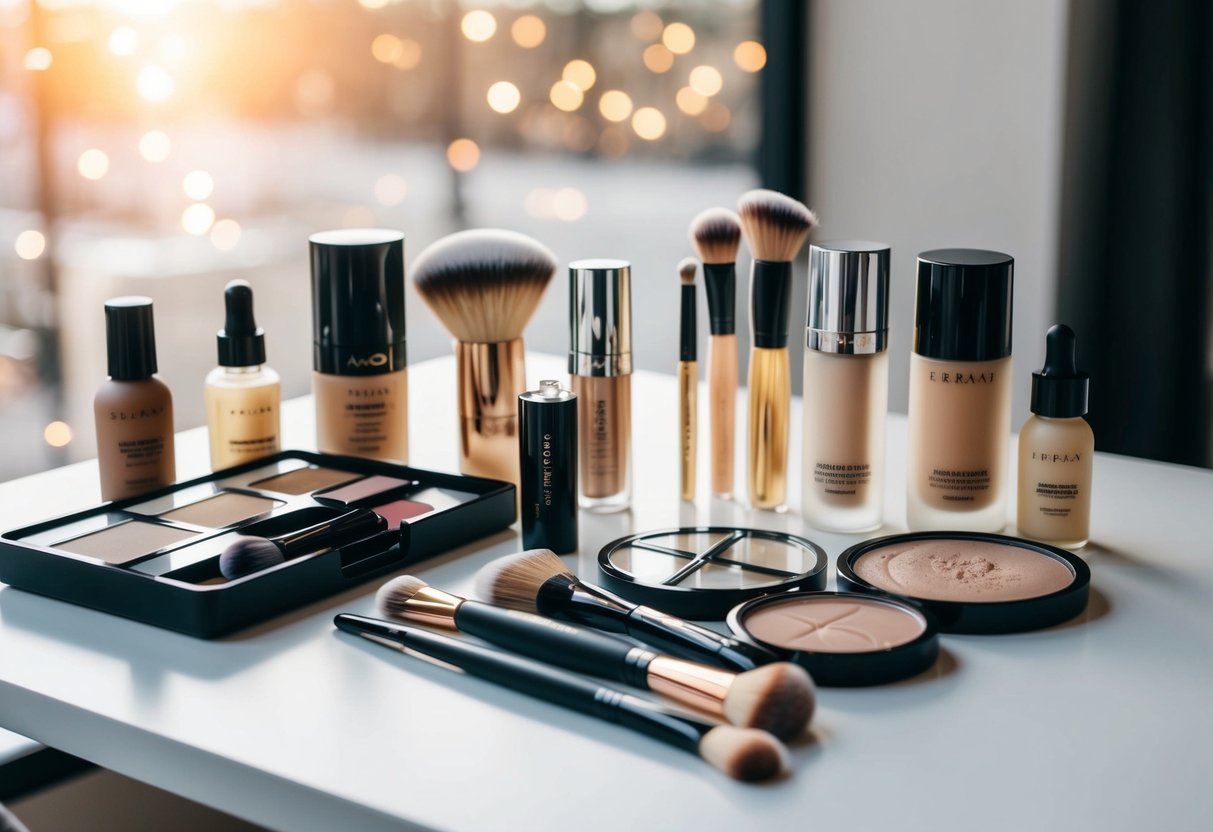 A clean, organized workspace with a variety of natural makeup products and tools laid out neatly on a table