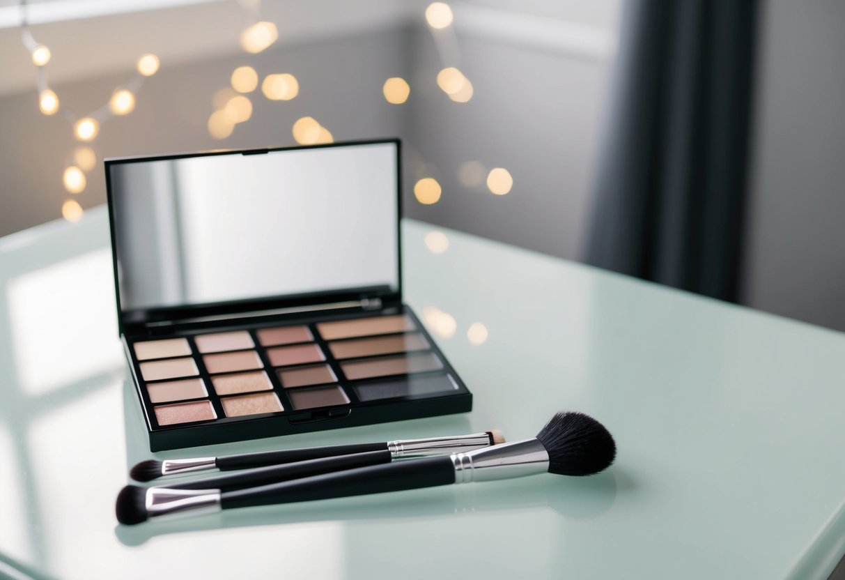 A makeup brush and palette on a clean, organized surface, with soft lighting and minimal distractions