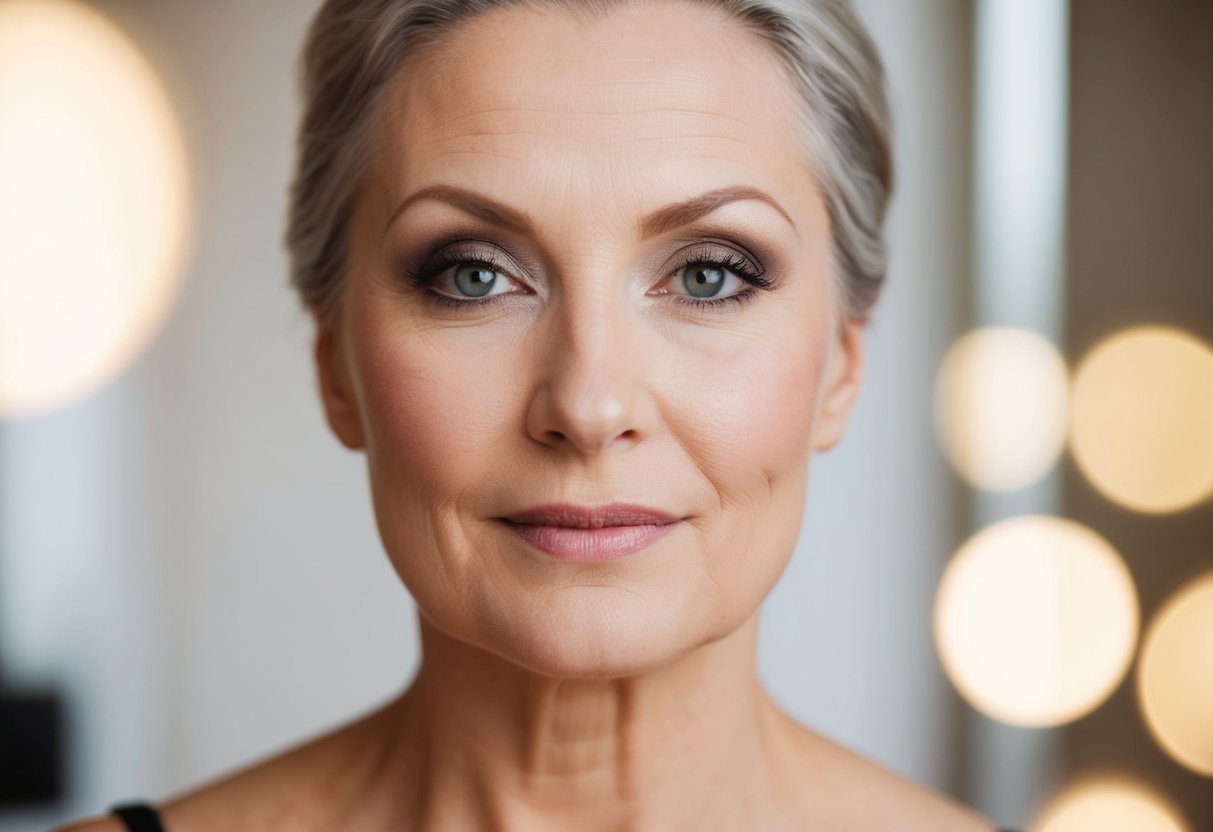 A mature woman's face with subtle makeup, emphasizing natural features and using products designed for aging skin