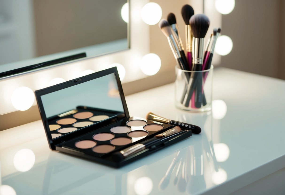 A close-up of a makeup palette and brushes on a clean, well-lit vanity table