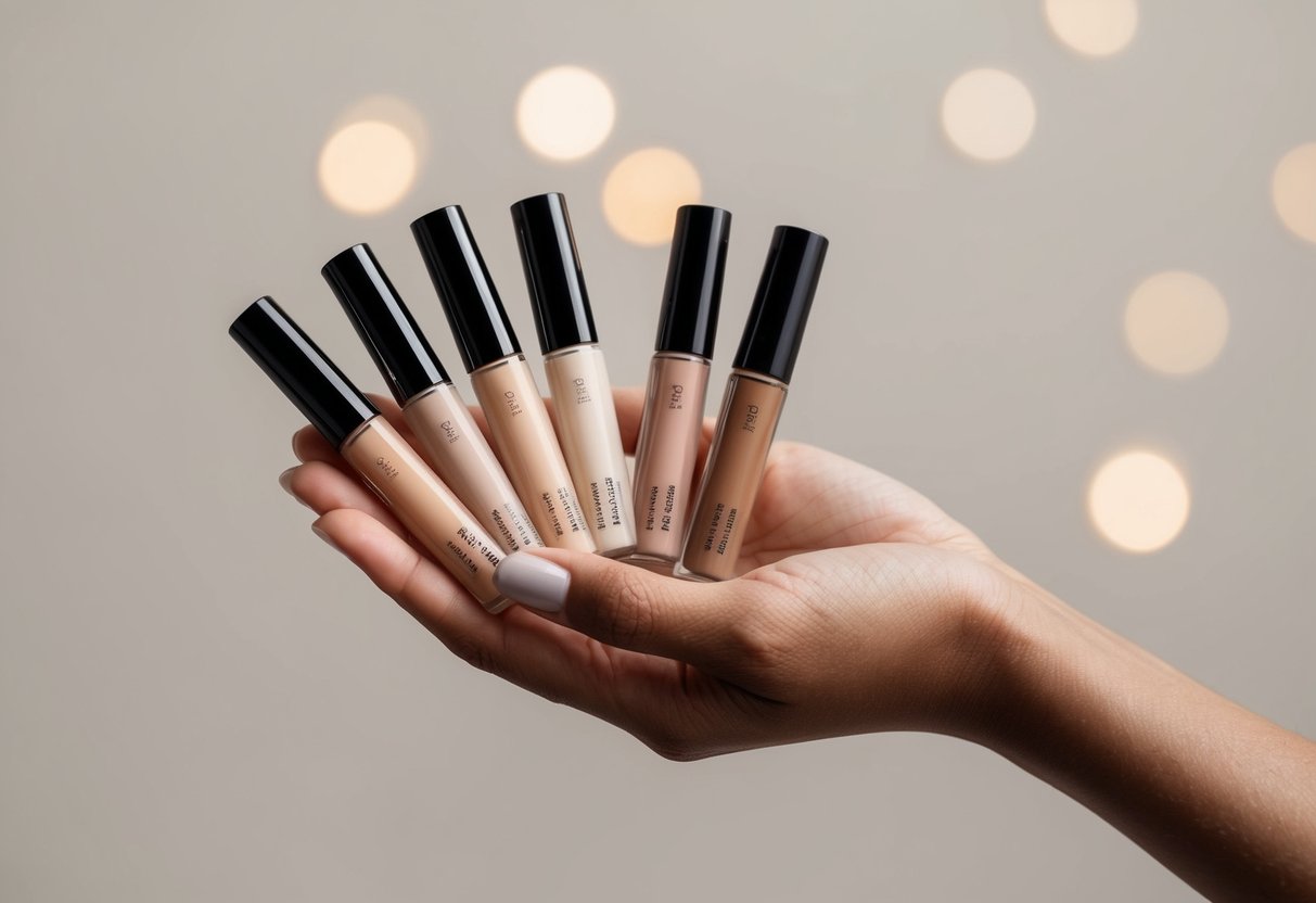 A hand holding various shades of concealer against a neutral background, with natural lighting to show true colors