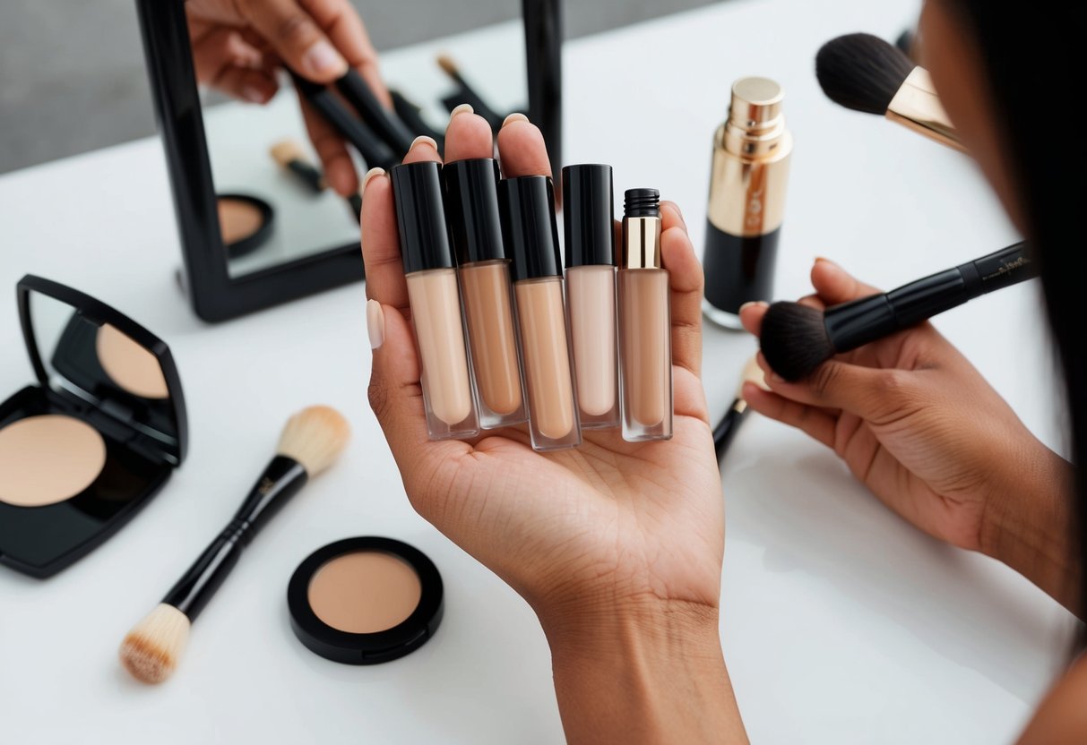 A hand holding a variety of concealer shades, with a mirror and makeup brushes nearby for applying the correct shade