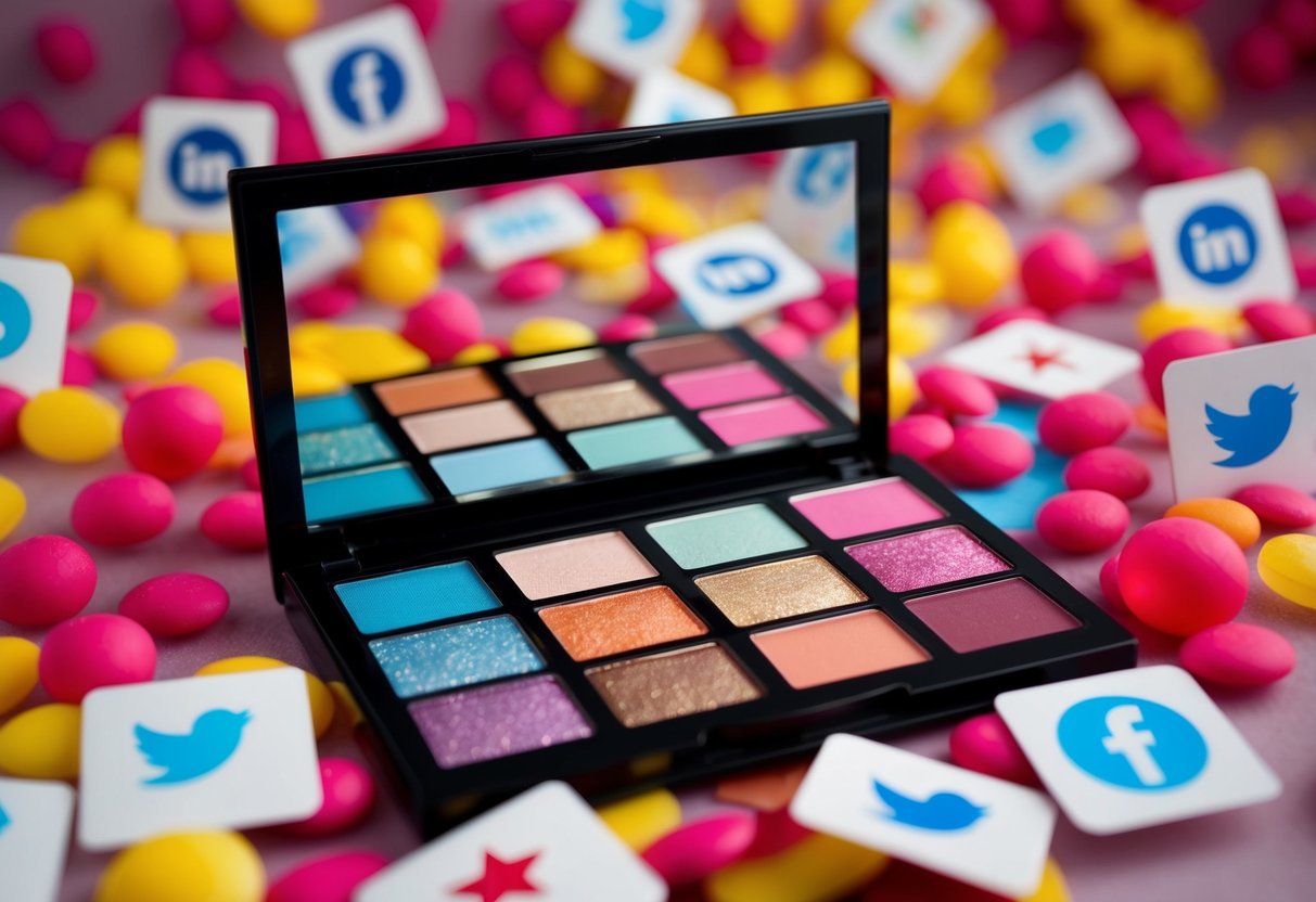 A colorful eyeshadow palette surrounded by glowing reviews and social media buzz