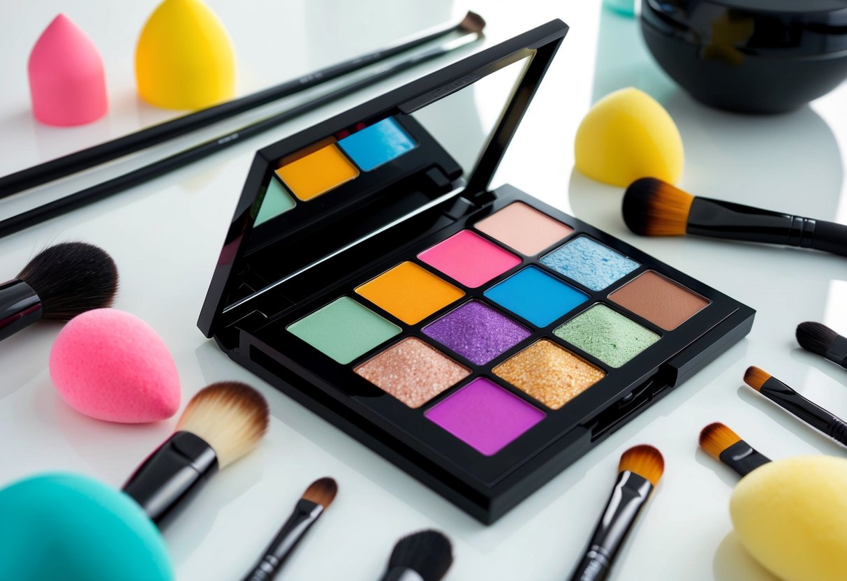 A colorful eyeshadow palette open on a clean white surface, surrounded by various makeup brushes and blending sponges. Bright, pigmented shades catch the light, creating a visually striking composition