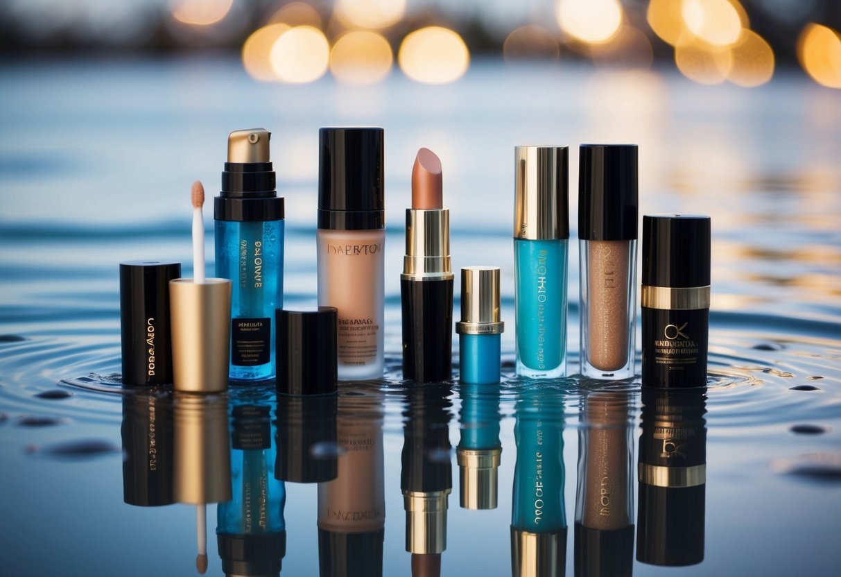 A variety of waterproof makeup products arranged on a reflective surface, surrounded by water droplets