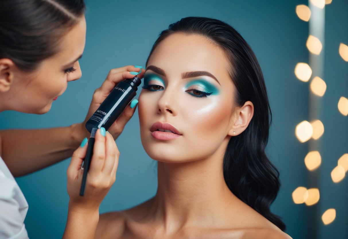 A makeup artist applies waterproof products to a model's face