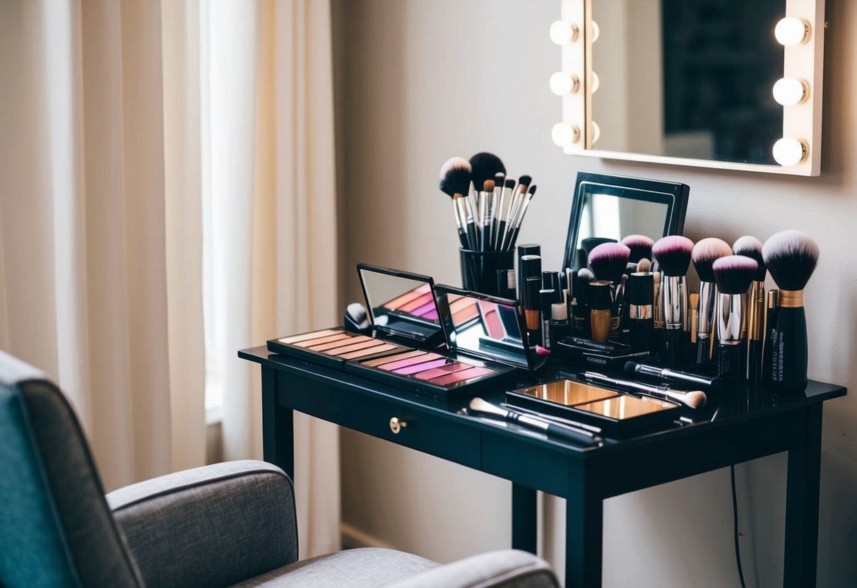 A makeup table with various brushes, palettes, and products neatly arranged, surrounded by a well-lit mirror and a comfortable chair