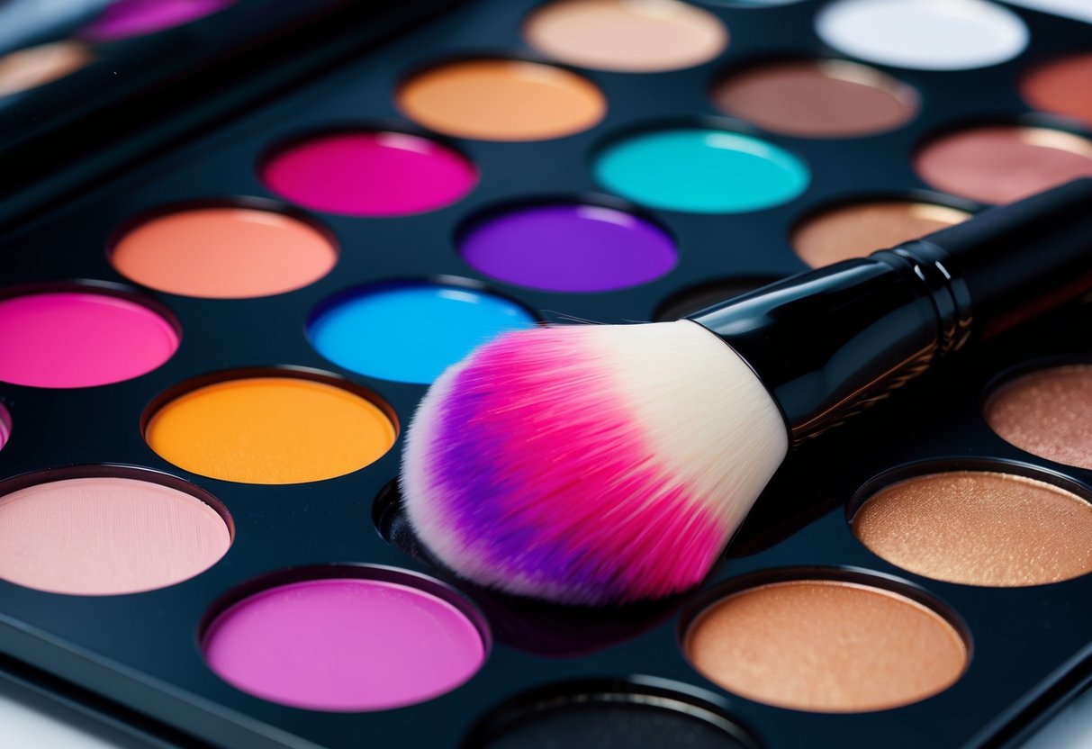 A makeup brush swirling in a palette of vibrant colors, ready to create a professional look