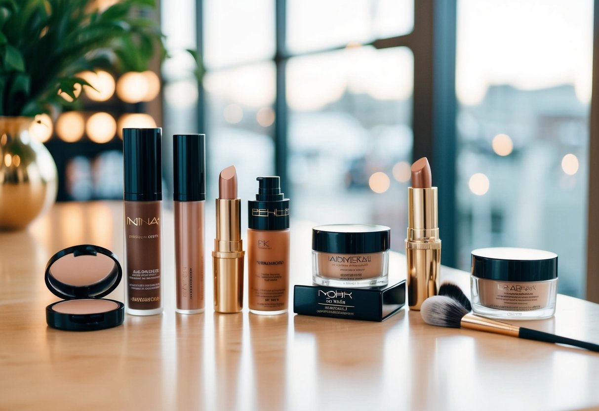 A table lined with high-end makeup products next to similar, affordable dupes