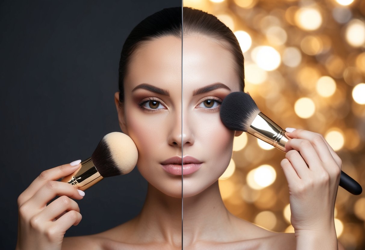 A split-screen with a matte foundation on one side and a dewy foundation on the other, each applied with a makeup sponge