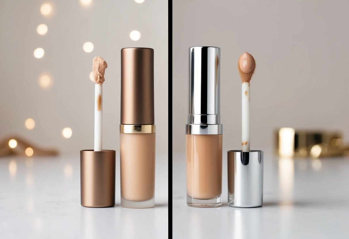 A split-screen comparison of a matte vs. dewy foundation application on a clean, untextured surface with a neutral background