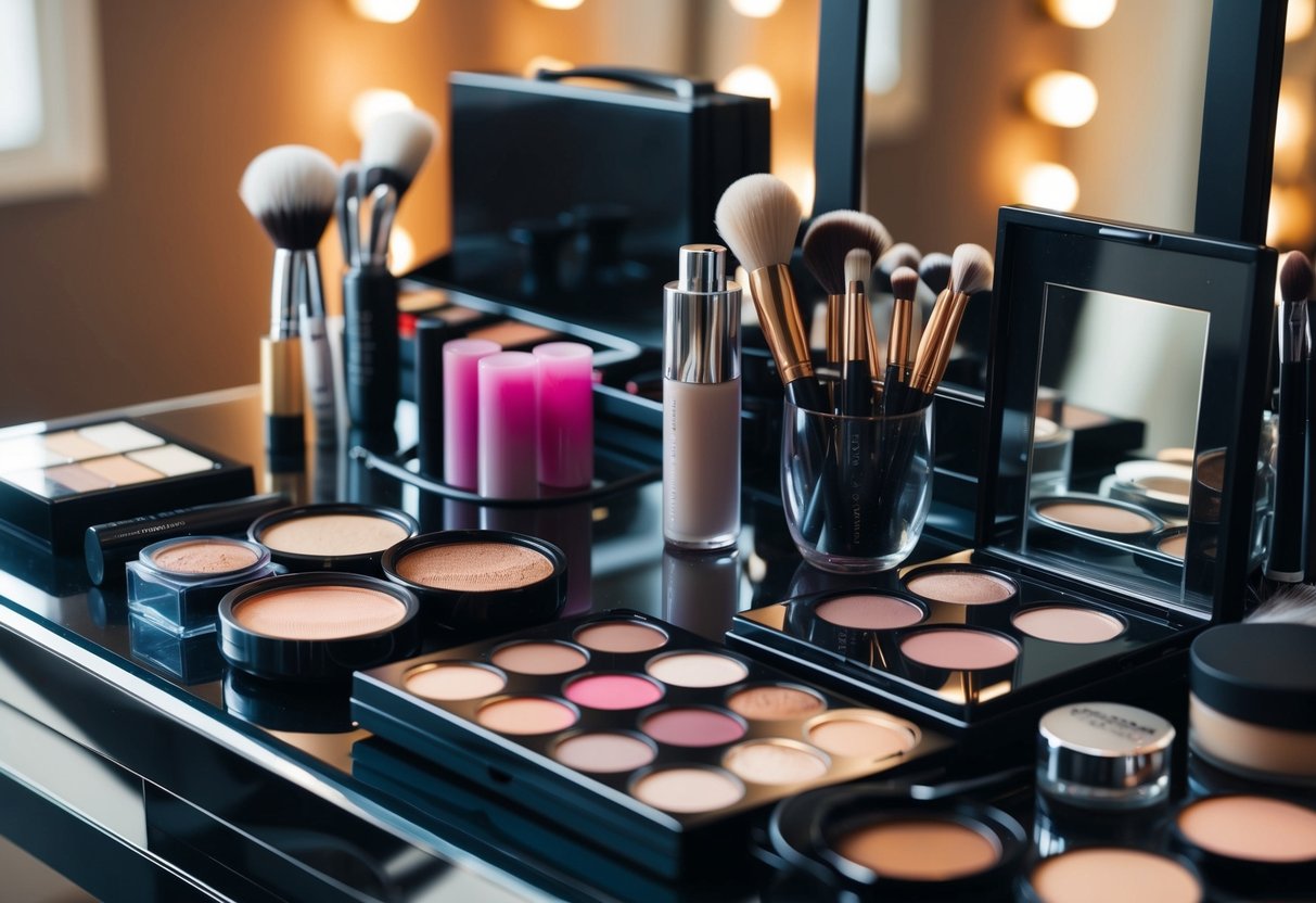 A makeup artist's table with various products and tools laid out for all-day wear application