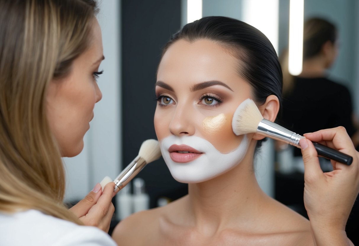 A makeup artist applies primer to a clean, smooth canvas before carefully layering foundation, concealer, and setting powder for long-lasting wear