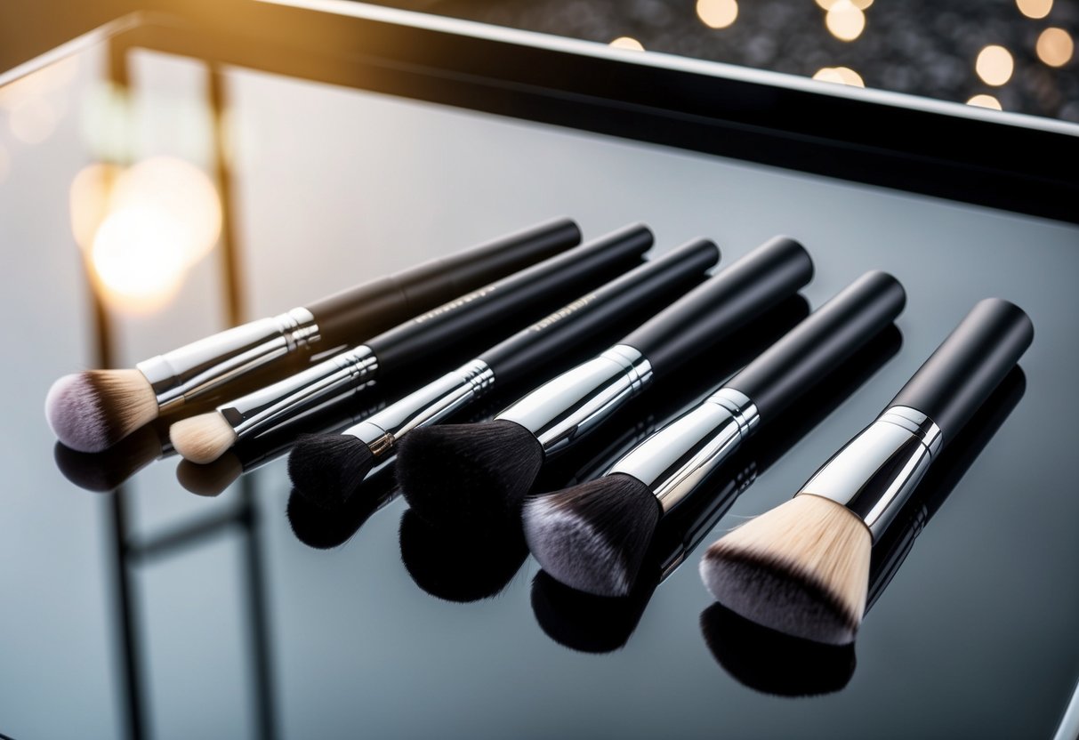 Various makeup brushes laid out on a sleek, reflective surface, with soft bristles and elegant handles