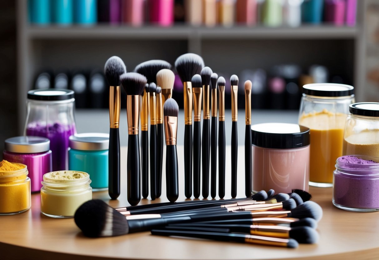 A table with various makeup brushes arranged neatly, surrounded by jars of different colored powders and liquids