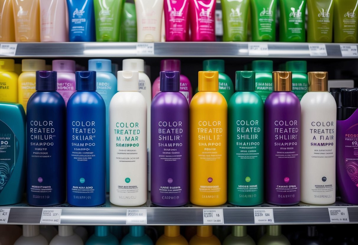 A vibrant display of various colored shampoo bottles arranged on a shelf, with labels indicating they are specifically designed for color-treated hair