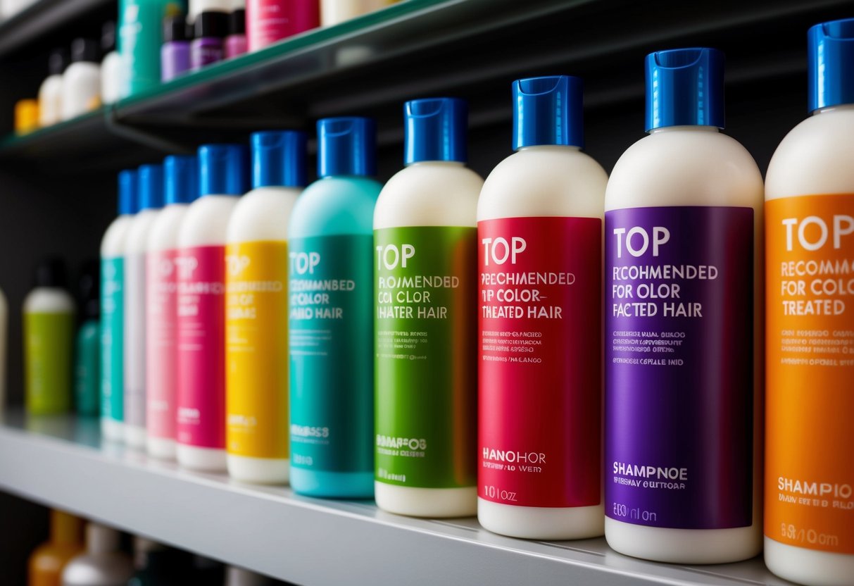 A row of colorful shampoo bottles on a shelf, each labeled as "Top Recommended for Color-Treated Hair."