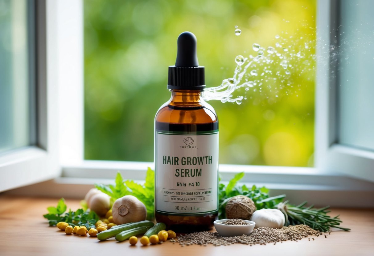 A bottle of hair growth serum surrounded by various herbs and natural ingredients, with a gentle breeze blowing through the open window