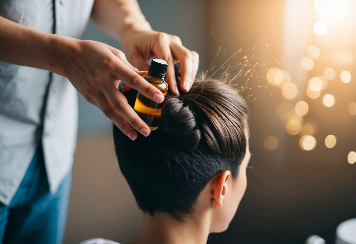 A person applying natural oils to their scalp and massaging it in