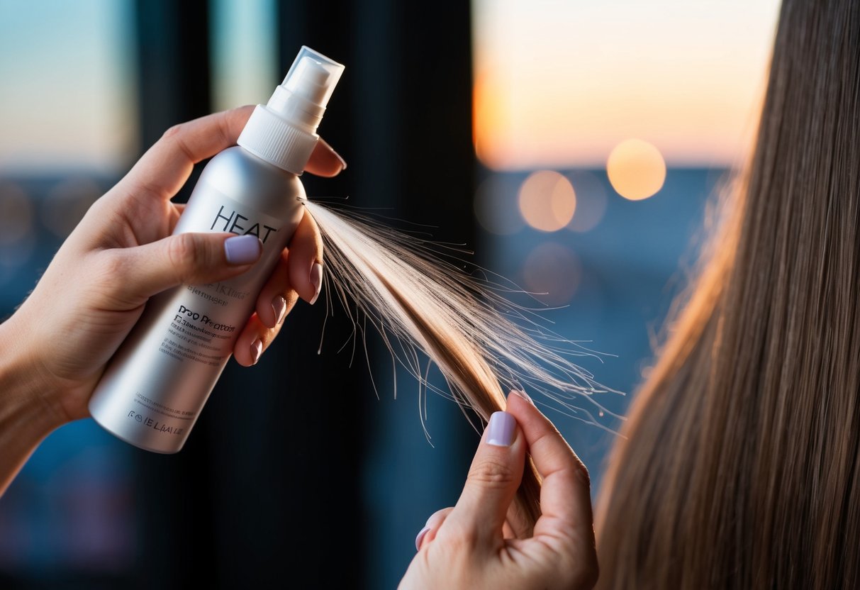 A hand holding a spray bottle, applying heat protectant to a strand of hair