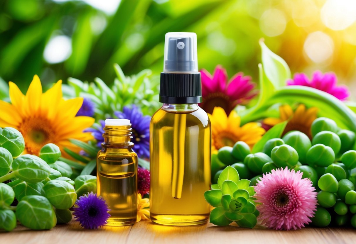 A bottle of natural oils surrounded by a variety of vibrant, healthy-looking plants and flowers