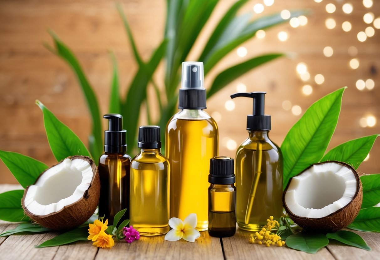 A variety of natural oils displayed on a wooden table, including coconut, argan, and jojoba, with lush green leaves and flowers scattered around