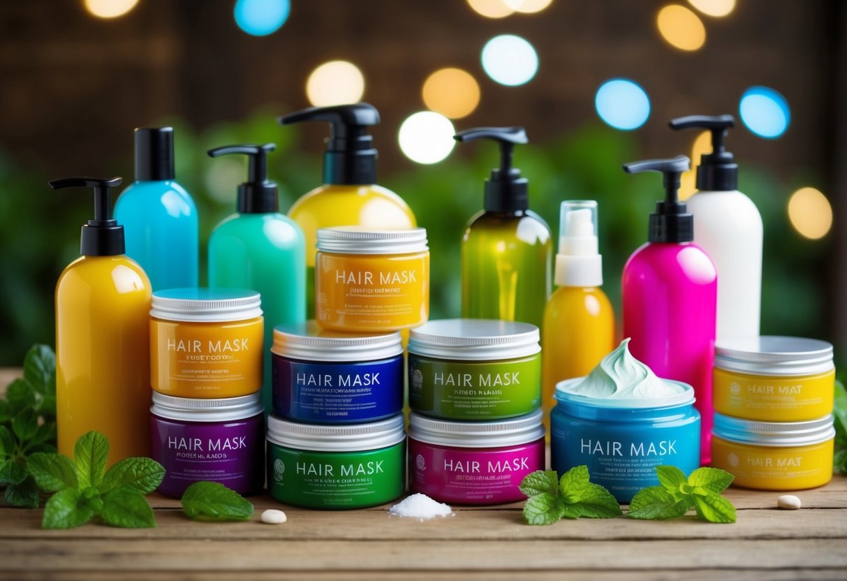 A variety of hair masks arranged on a wooden table, surrounded by colorful bottles and jars of hair care products