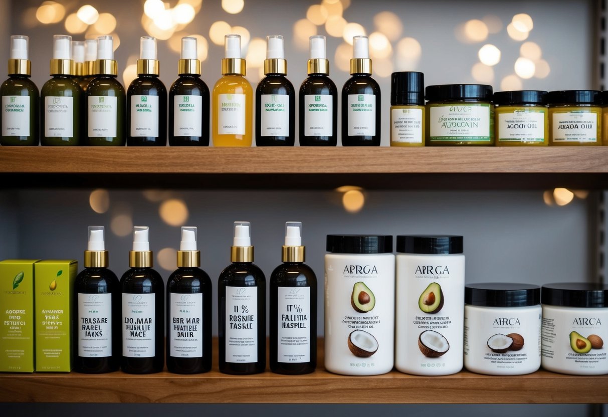 A variety of hair masks arranged on a shelf, each labeled for different hair types, with ingredients like avocado, coconut, and argan oil displayed