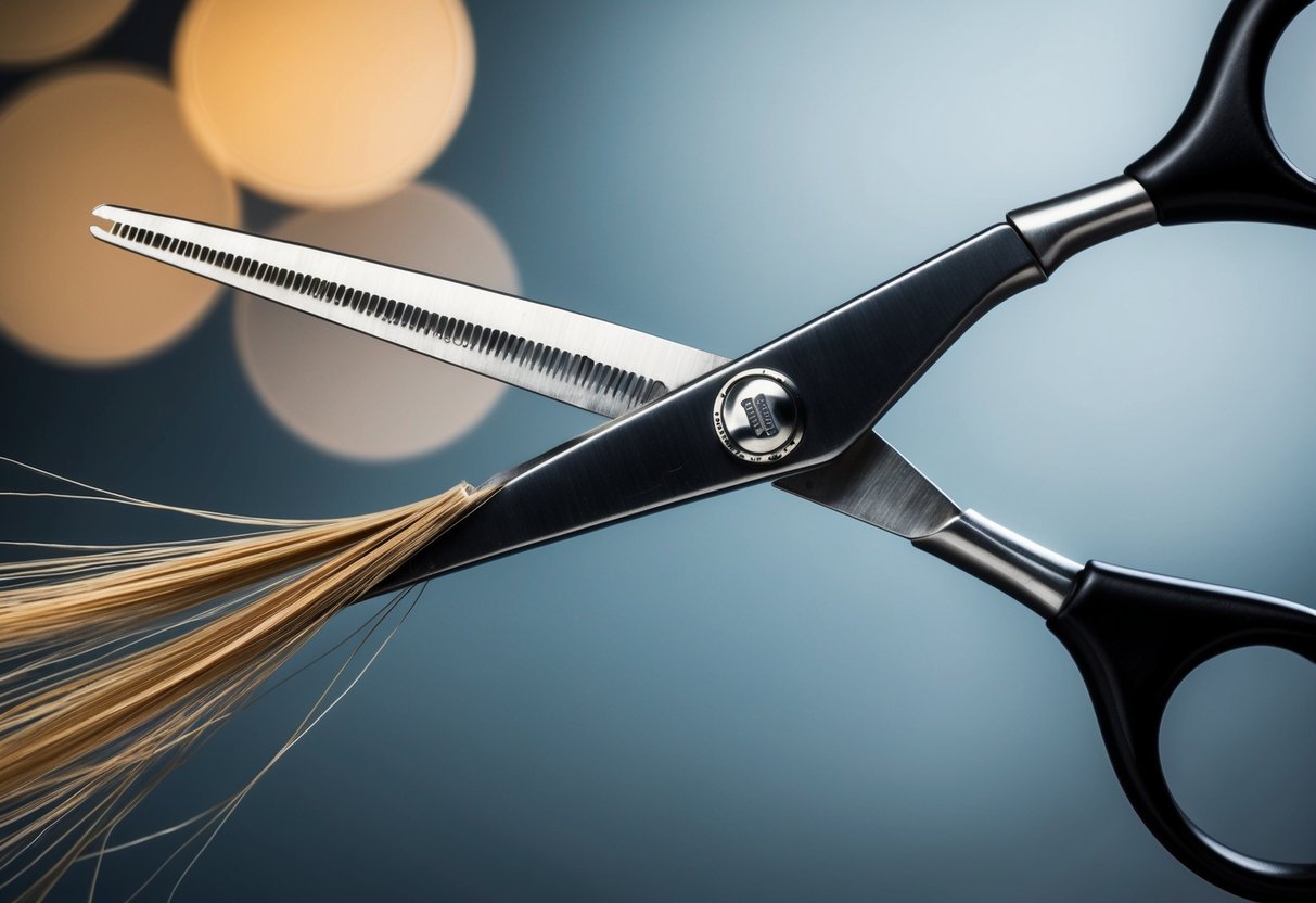 A pair of scissors cutting through a strand of hair, with one end frayed and split while the other end remains smooth and intact