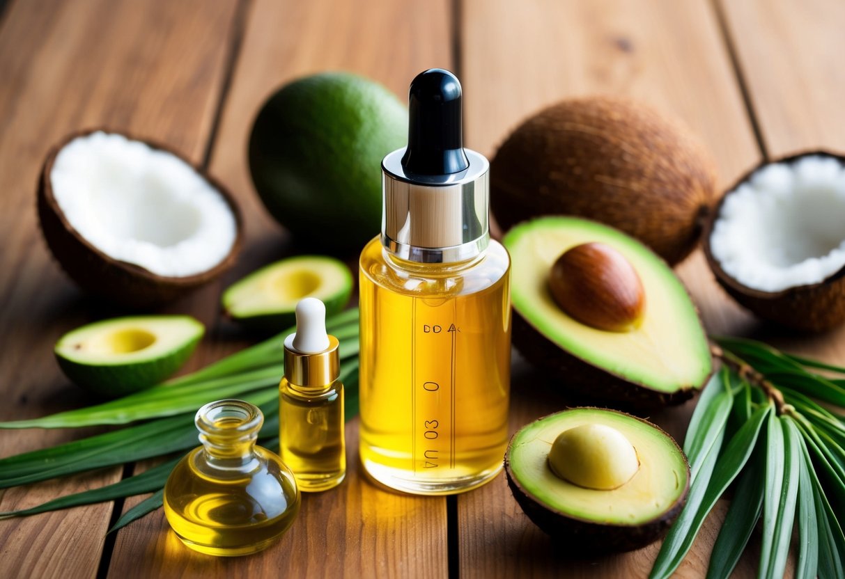 A bottle of hair repair serum surrounded by a variety of natural ingredients like avocado, coconut, and argan oil