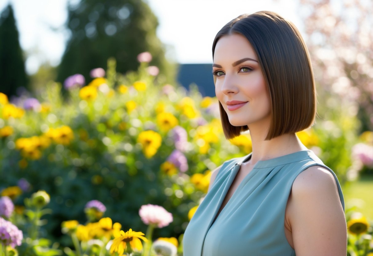 A woman with smooth, shiny hair stands in a sunny garden, surrounded by blooming flowers and gentle breezes