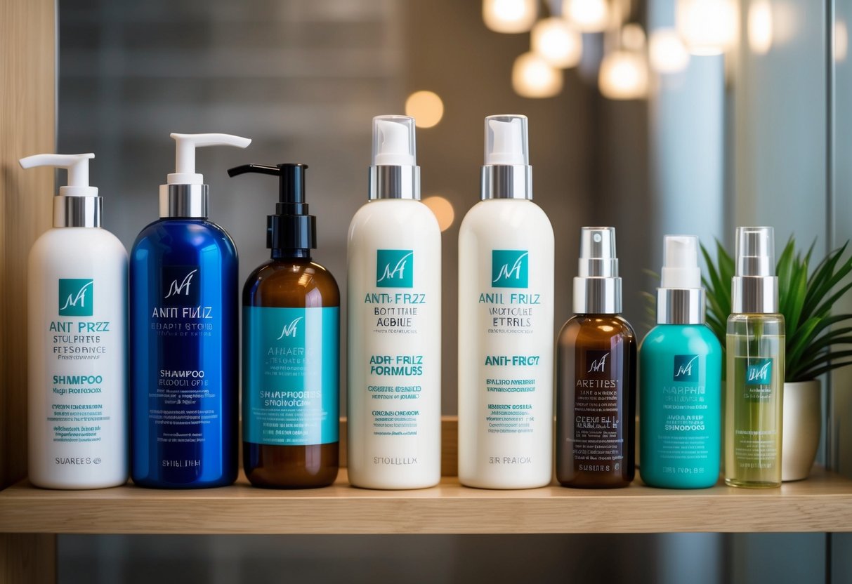 A bathroom shelf lined with various hair care products, including shampoos, conditioners, and serums, with a focus on anti-frizz formulas