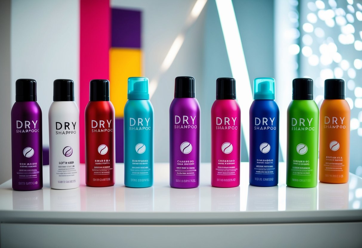 A variety of dry shampoo bottles arranged on a clean, white surface, with a backdrop of sleek, modern packaging and bold, vibrant colors