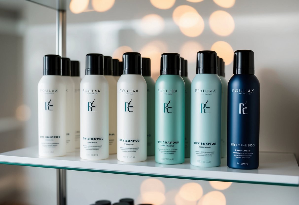 A collection of top-reviewed dry shampoos arranged on a clean, modern display shelf, with sleek and minimalistic packaging