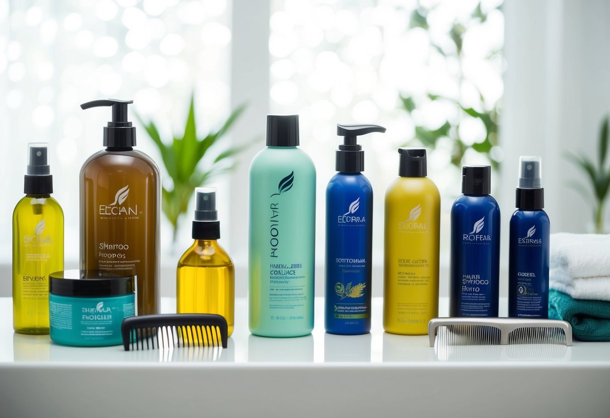 A variety of hair care products arranged on a clean, white surface, including shampoos, conditioners, oils, and combs