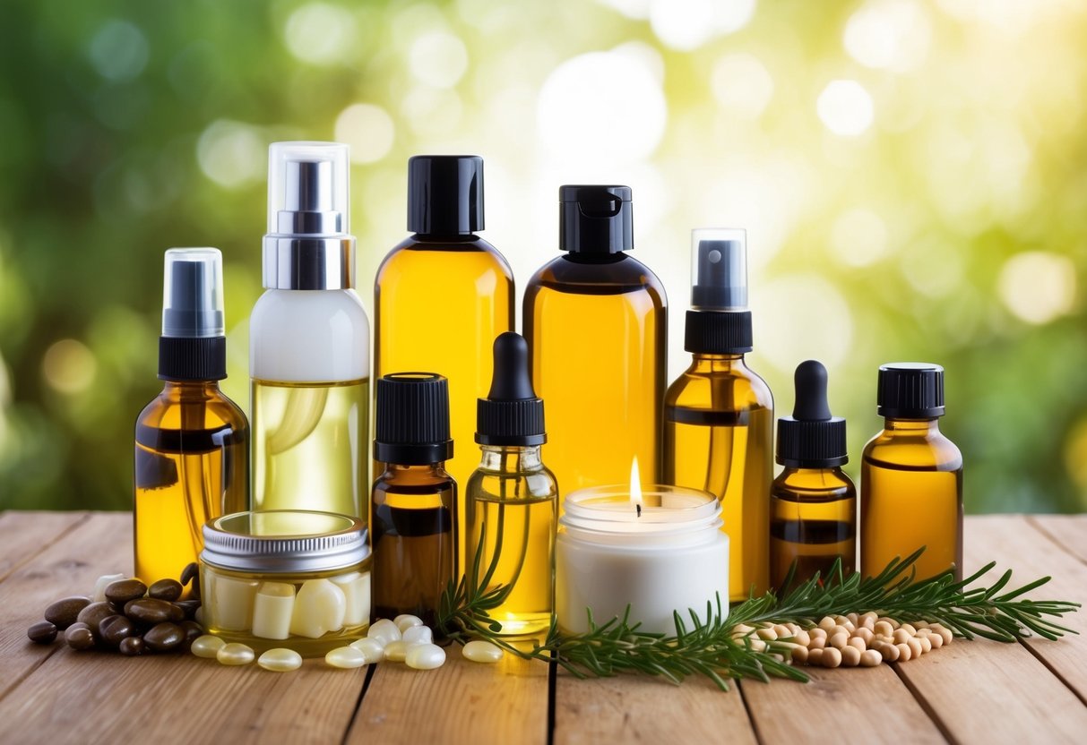 A collection of topical treatments and oils arranged on a wooden table, with various bottles and jars showcasing different hair growth tips and products