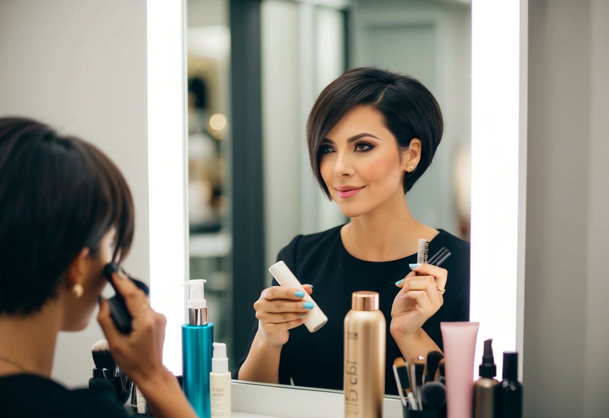 A woman with short hair sits in front of a mirror, using styling products and tools to create a trendy and chic look